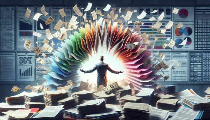 Person relieved as multiple colorful debt papers merge into one manageable loan document with lower interest rate.