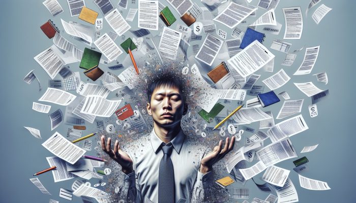 Person consolidating scattered bills into a single folder, symbolizing financial clarity and relief.
