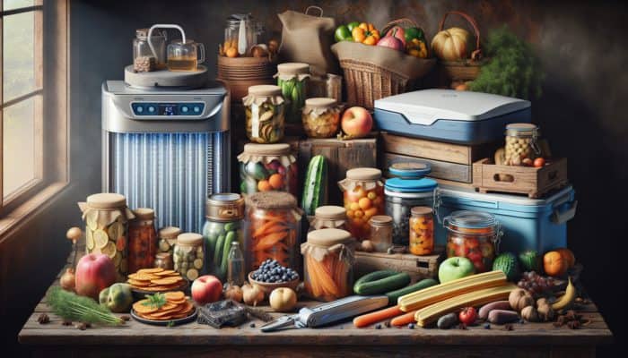 A variety of food preservation tools including vacuum sealers, canning jars, dehydrators, and freezers displayed on a rustic kitchen table alongside fresh and preserved foods.