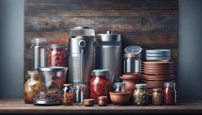 A collection of food preservation tools displayed on a rustic wooden table, highlighting various methods and bright colors.