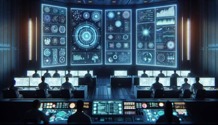Futuristic control room with screens showing real-time Google algorithm updates, technicians monitoring, charts displaying website ranking and search quality changes.