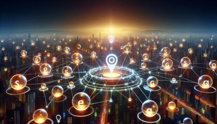 Illuminated keywords in a digital environment connecting to a search engine, enhancing SEO and website visibility on SERPs.
