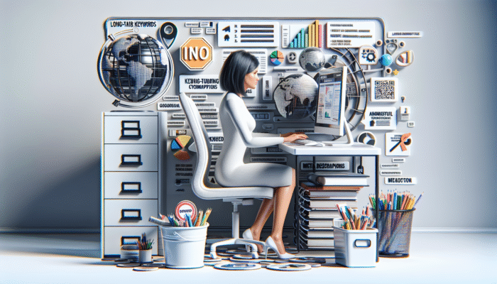 Individual optimizing website on computer in modern office, focusing on local long-tail keywords and relevant meta descriptions.