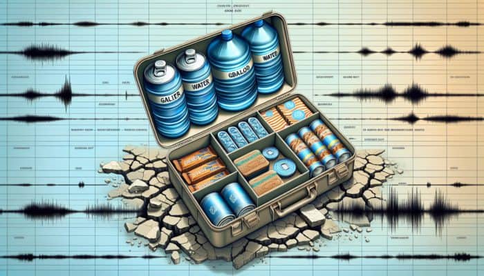 Essential Earthquake Survival Gear: A well-stocked earthquake survival kit with water, energy bars, canned goods, and dehydrated meals, organized in labeled compartments.