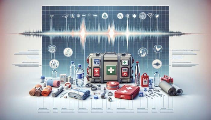 Infographic illustrating essential earthquake survival gear endorsed by experts, with a seismograph background.