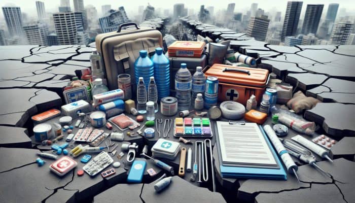 Earthquake survival kit showcasing essentials like water, food, first aid, and tools, set against a cracked urban landscape.