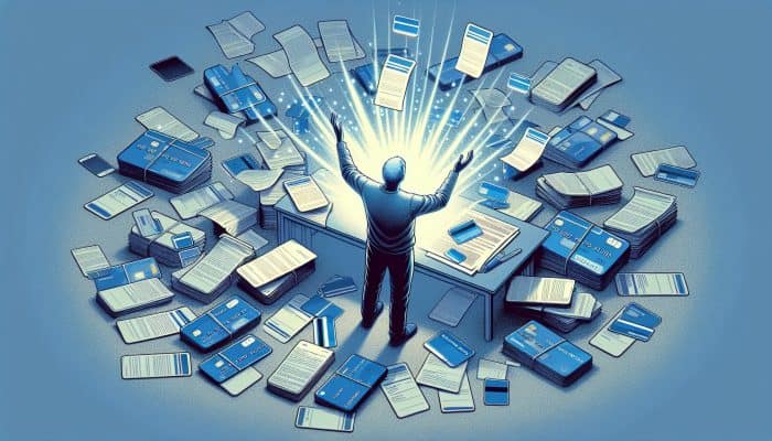 Debt Consolidation Loans for Bad Credit: Person in the UK consolidating debts into one manageable loan, symbolized by a glowing payment document on a clean desk.