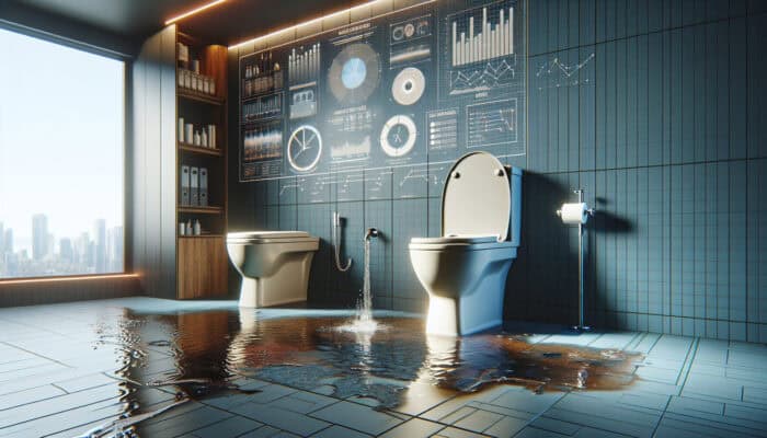 Toilet Repair Services in Tsawwassen Delta: A modern bathroom in Tsawwassen, Delta, showing a leaking toilet with floor damage, a clogged toilet with odor, and a continuously running toilet due to a faulty flapper.