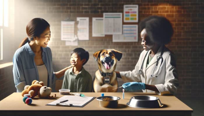 Understanding Adoption Fees for Pets: A family adopting a dog at a shelter, surrounded by care items and staff.
