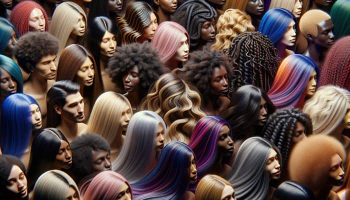 Diverse group displaying curl patterns ranging from straight to coily, styled with enhancing products against a vibrant backdrop.