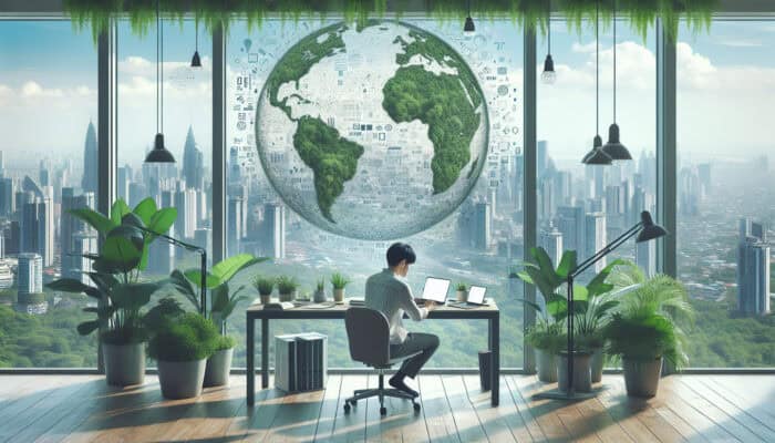 A home office featuring greenery and a laptop, presenting a view of a city with reduced traffic, representing the environmental benefits of remote work.