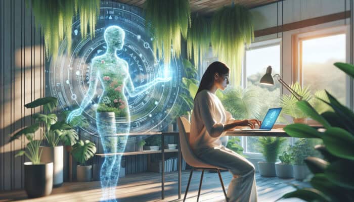 A modern home office complete with plants, a person working on a laptop, and a holographic virtual assistant.