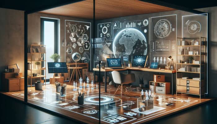 A contemporary home office equipped with energy-efficient technology, virtual assistants, and eco-friendly tools for sustainable remote work.