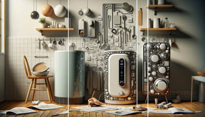 Water Heater Services in White Rock: A modern kitchen showcasing a traditional tank, tankless, and hybrid water heater, each clearly labeled.