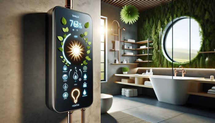 A modern tankless water heater in an eco-friendly bathroom, displaying energy efficiency graphs on a digital screen.