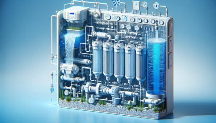 Water Purifier Options: Cross-section of a water purifier showing filtration, reverse osmosis, and UV sterilization processes.