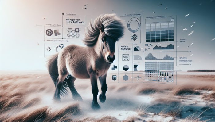 A sturdy pony with a dense coat and short mane, standing calmly in a windy field, showcasing strong hooves and well-toned muscles.