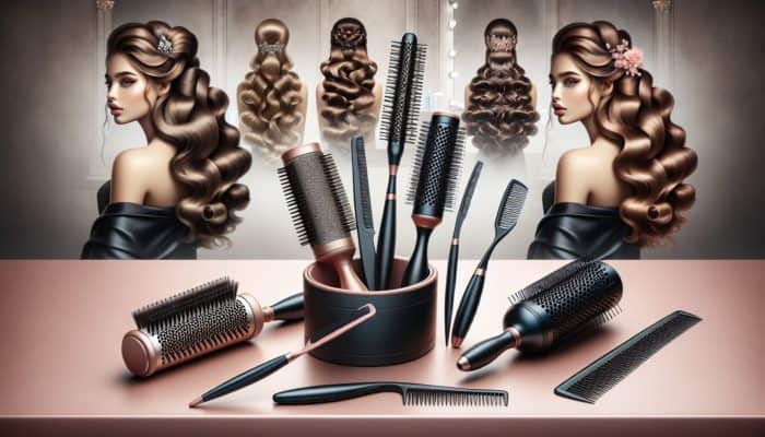 High-quality hair styling tools on a vanity with prom hairstyles in background.