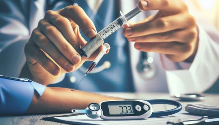 Diabetes Blood Test In Edinburgh: A medical professional drawing blood from a patient's arm, with a glucometer showing high glucose levels.