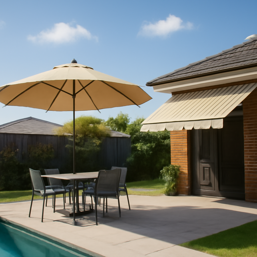 Illustration of flexible freestanding shade options: umbrellas and retractable awnings for Brisbane backyards