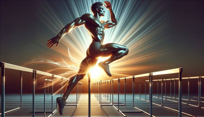 Vitamin D for Athletic Performance: Athlete leaping over hurdles under bright sun, showcasing Vitamin D's benefits on muscle and bone health.