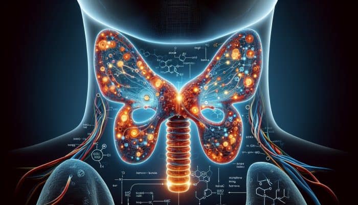 Illustration depicting the butterfly-shaped thyroid gland located at the base of the neck, responsible for producing T3 and T4 hormones that influence metabolism and growth.