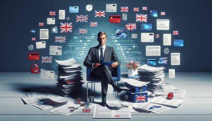 Person consolidating various debts into one loan in a calm office, UK.