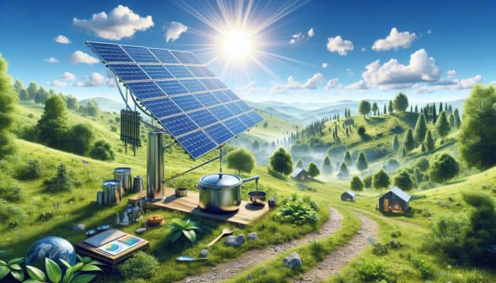 How to Cook with Solar-Powered Appliances: A solar cooker on a sunny hillside cooking stew, surrounded by greenery and a clear sky, symbolizing sustainability.