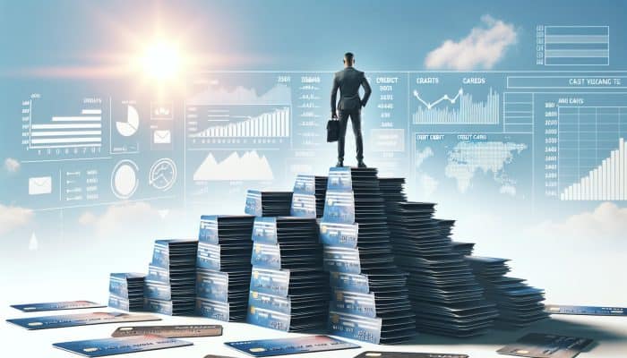 A person atop a mountain of credit cards, symbolizing debt consolidation and a fresh start.