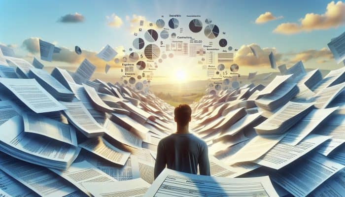 A serene person amidst organized financial documents, symbolizing clarity and confidence from debt consolidation, with a hopeful future backdrop.