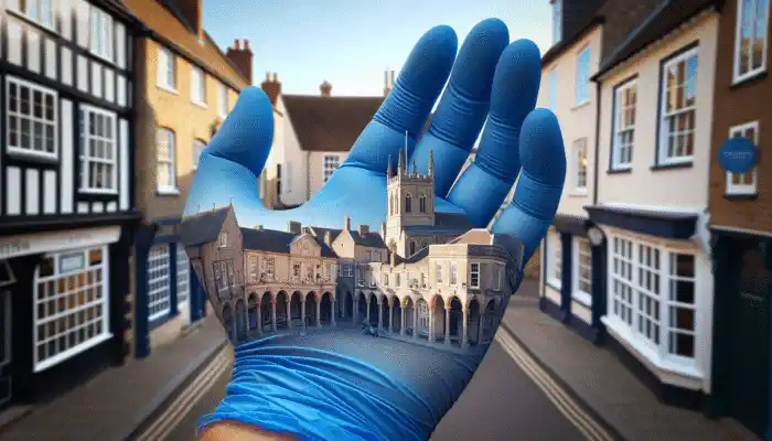 Blue nitrile gloves against the backdrop of Yeovil's historic architecture in the town center.
