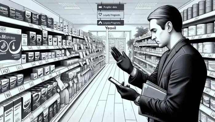 A shopper in a Yeovil store evaluating prices of nitrile gloves while checking online deals on their smartphone.
