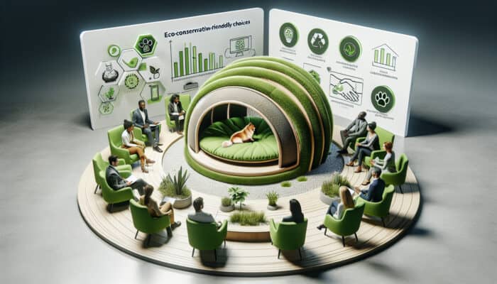 A comfortable pet bed made from recycled materials, analyzed by experts in an eco-themed studio.