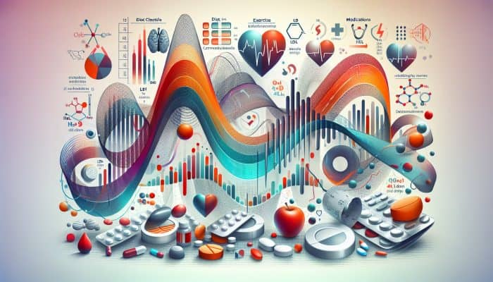 A medical chart showing cholesterol level fluctuations due to diet, exercise, medication, and stress, with graphs and clinical notes.
