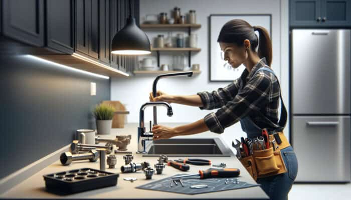 A skilled technician installing a modern Delta faucet in a beautifully renovated kitchen, highlighting efficiency and precision.