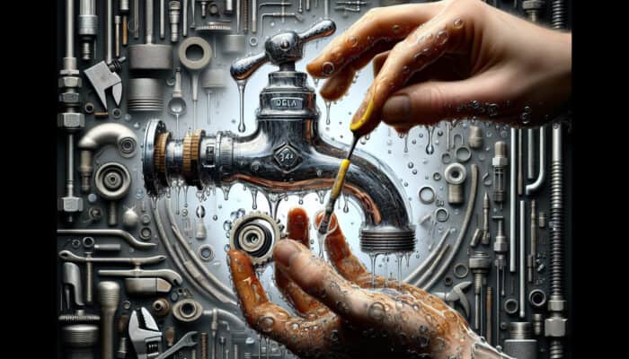 A Delta faucet experiencing a dripping issue, with hands replacing washers and cleaning the aerator, surrounded by various plumbing tools.