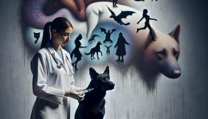 A veterinarian administering a rabies vaccine to a dog, with silhouettes of bats, raccoons, and foxes ominously depicted in the background.