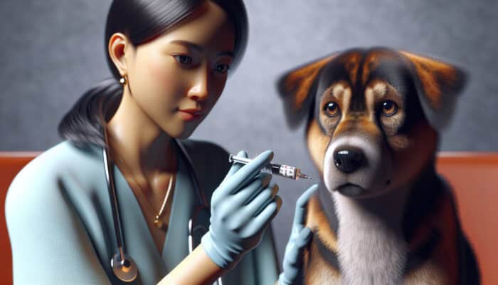 A dog receiving a rabies vaccination and displaying slight signs of flinching and mild discomfort.