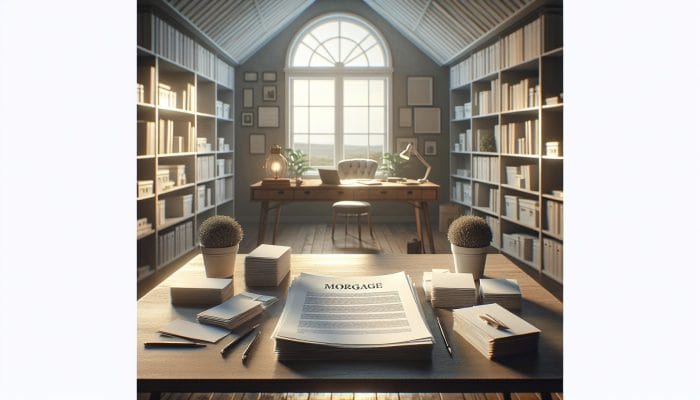 How to Consolidate Mortgage Debt: A serene home interior with a desk showing a mortgage document merging smaller debt papers, symbolizing financial relief.