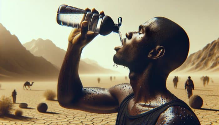 Hydration for Hot Climates: A person in a desert drinking water, sweating, emphasizing hydration's significance in extreme heat.