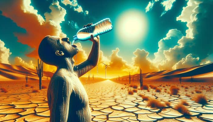 A person drinking water in a hot, dry landscape under a bright sky, emphasizing the importance of hydration.