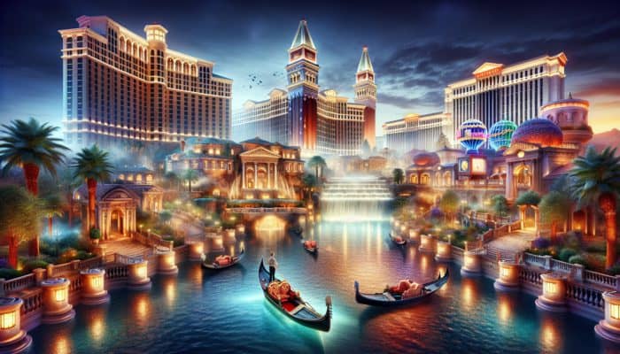 A captivating Las Vegas scene showcasing the Bellagio's fountains, Wynn's stunning architecture, and gondola rides at The Venetian, all illuminated by vibrant neon lights.