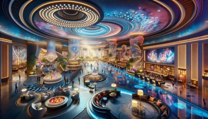 A luxurious Las Vegas hotel lobby, where guests are enjoying spa services, gourmet dining, and live entertainment.