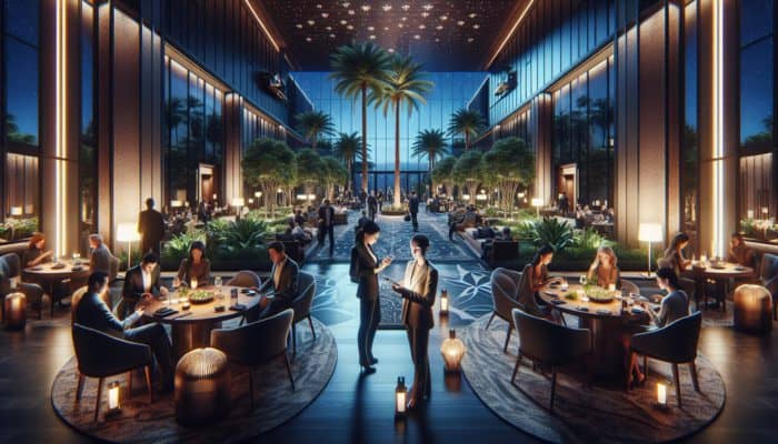 A tranquil Las Vegas hotel lobby at dusk, showcasing guests dining and checking in using smartphones.