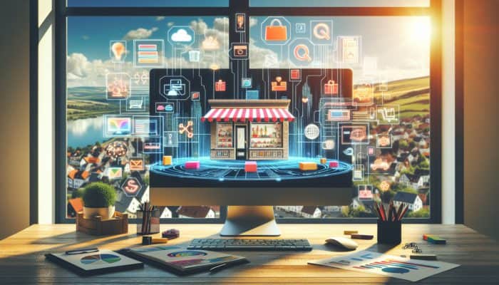 WooCommerce Store Setup in Keynsham for Small Business: A computer screen showcasing an online store with various products, payment options, and shipping choices, highlighted against Keynsham's townscape.