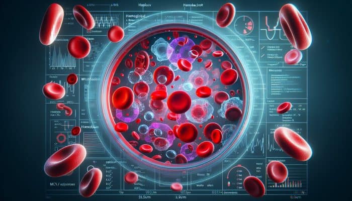 Full Blood Count Test in Blyth: Microscopic blood sample illustrating labeled red and white cells, platelets, and key blood count measurements.