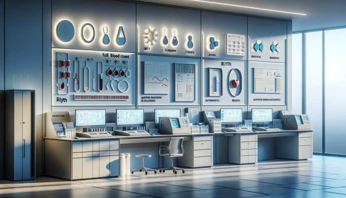 Modern laboratory in Blyth with advanced automated blood analyzers and screens displaying precise full blood count results.