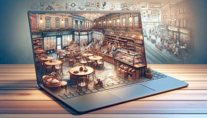 Blog Writing in Weymouth for Small Business: A cozy café and retail shop with a laptop displaying a vibrant blog, enhancing SEO and customer connection.
