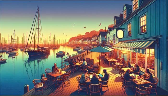 A picturesque Weymouth harbor at sunset, with experts writing blogs in a cozy café.
