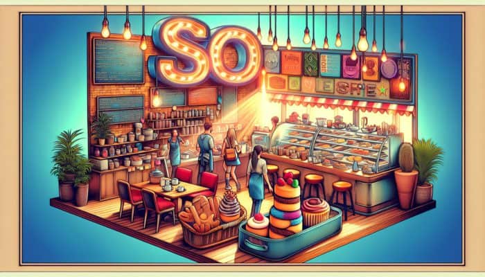 A bustling Weymouth coffee shop with a "Best Pastries in Weymouth" sign, frequented by locals and tourists, with SEO keywords integrated into decor and menu.